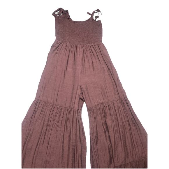 Mod Goddess One Piece Jumpsuit Brown Smocked Lg Widespread Tiered - Picture 1 of 8